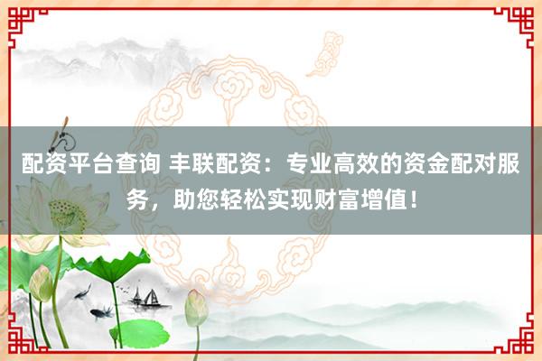 配资平台查询 丰联配资：专业高效的资金配对服务，助您轻松实现财富增值！