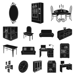 家具和室内卡通, 黑色图标在集合集设计。家居用品矢量等距符号股票网插图